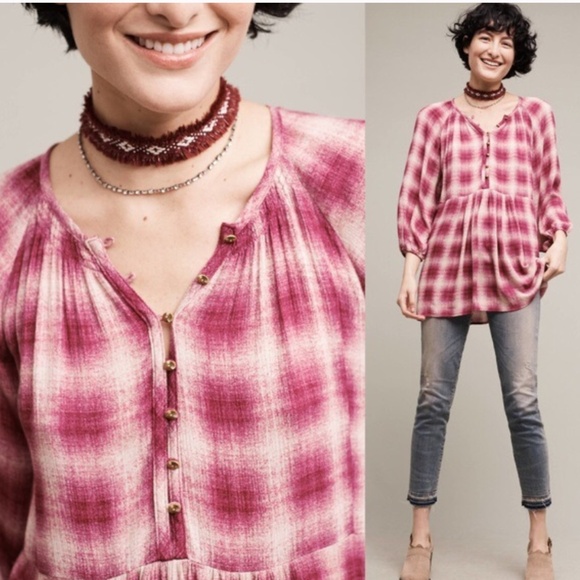 Anthropologie Maeve Cavalon Peplum Plaid Blouse Magenta Off-White L - Picture 1 of 10